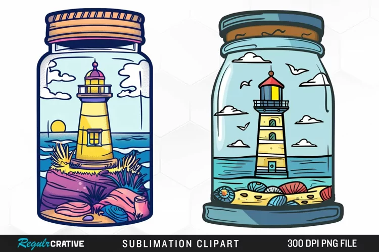Watercolor Lighthouse In A Jar Design Clipart