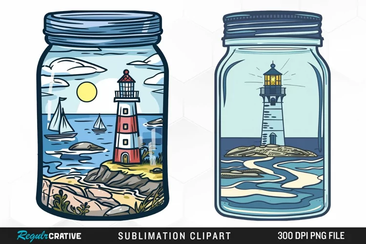 Watercolor Lighthouse In A Jar Design Clipart