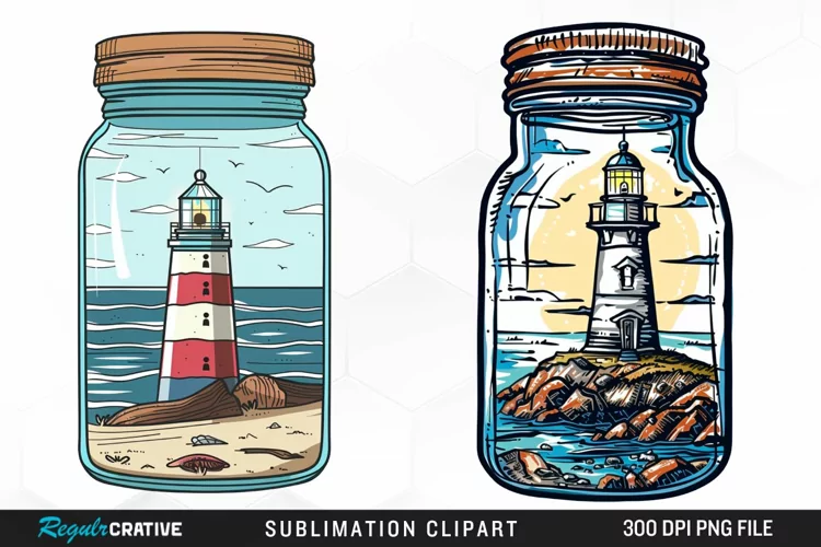 Watercolor Lighthouse In A Jar Graphics Clipart