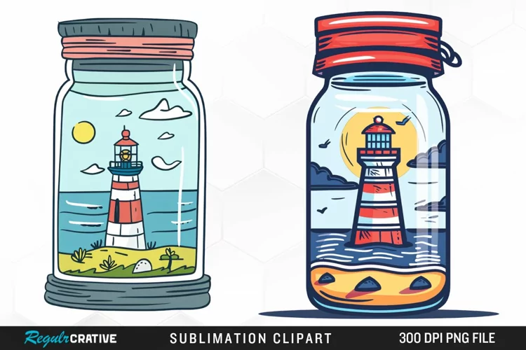 Watercolor Lighthouse In A Jar Design Clipart