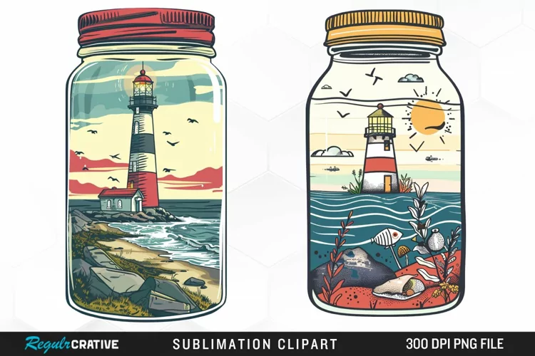 Watercolor Lighthouse In A Jar Design Clipart