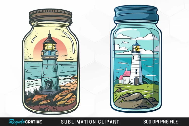 Watercolor Lighthouse In A Jar Graphics Clipart