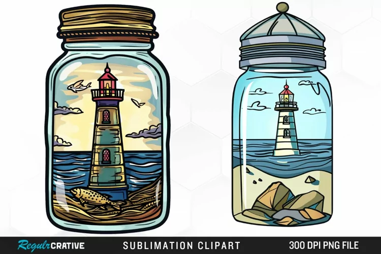 Watercolor Lighthouse In A Jar Design Clipart