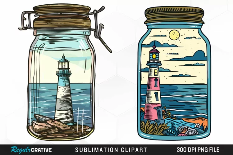 Watercolor Lighthouse In A Jar Design Clipart
