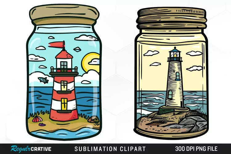 Watercolor Lighthouse In A Jar Graphics Clipart