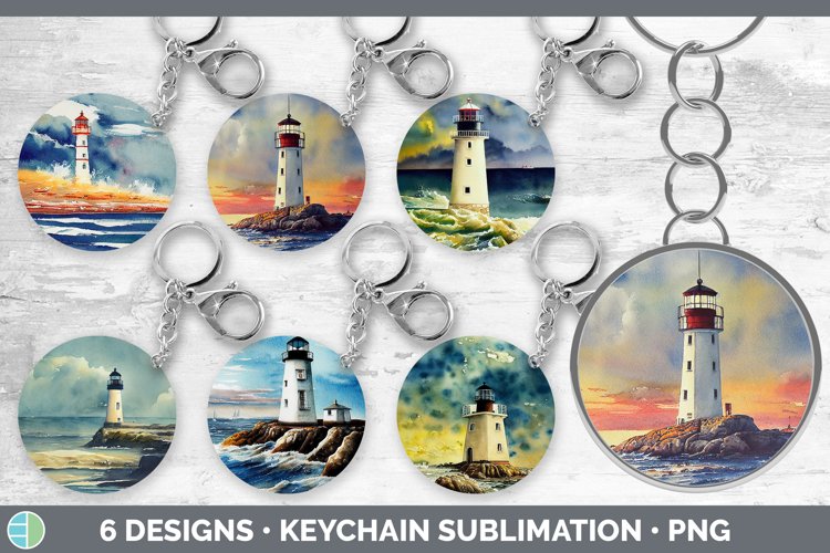 Bundle of six Watercolor Lighthouse keychain sublimation designs.