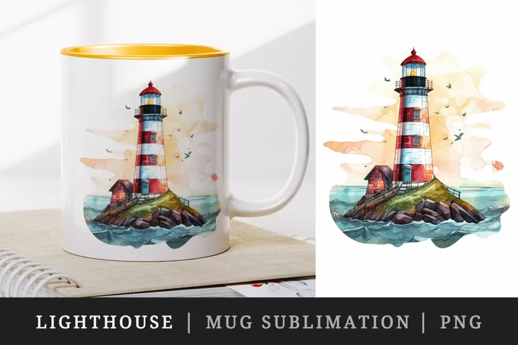 Watercolor lighthouse mug, cup wrap sublimation design png