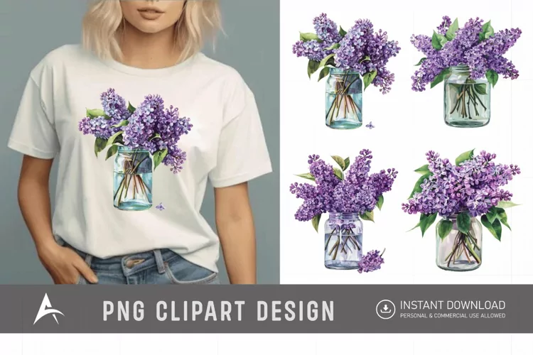 Watercolor Lilac in a Glass Jar Clipart