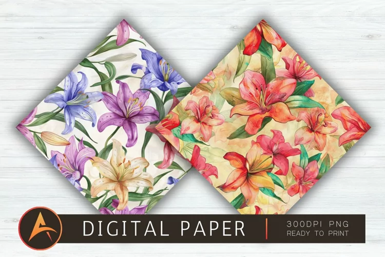 Watercolor Lilies Floral Patterns Scrapbook Paper