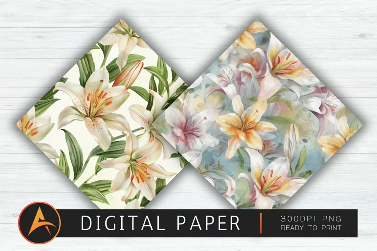 Watercolor Lilies Floral Patterns Digital Paper