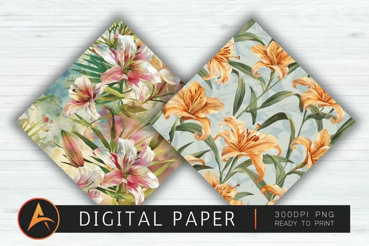 Watercolor Lilies Floral Patterns Scrapbook Paper