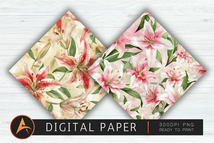 Watercolor Lilies Floral Patterns Digital Paper PNG