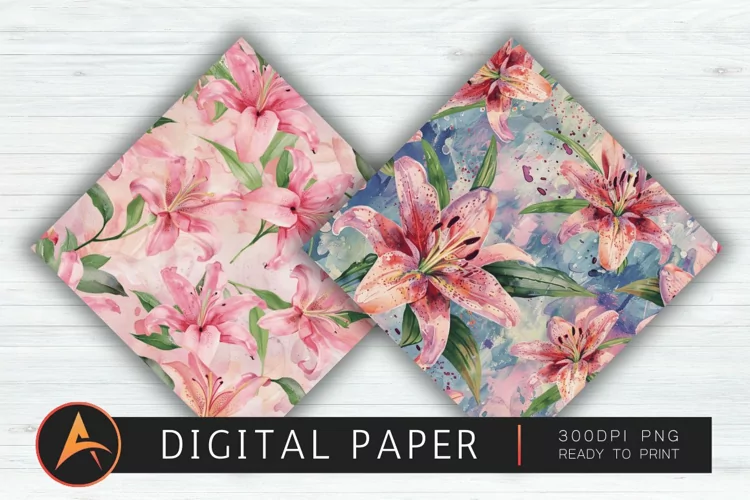 Watercolor Lilies Floral Patterns Digital Paper PNG