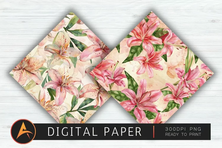Watercolor Lilies Floral Patterns Digital Paper PNG