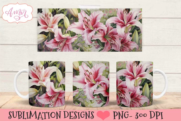 Watercolor lily flowers mug template PNG for sublimation
