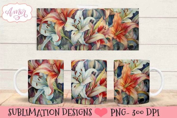 Watercolor lily flowers mug template PNG for sublimation
