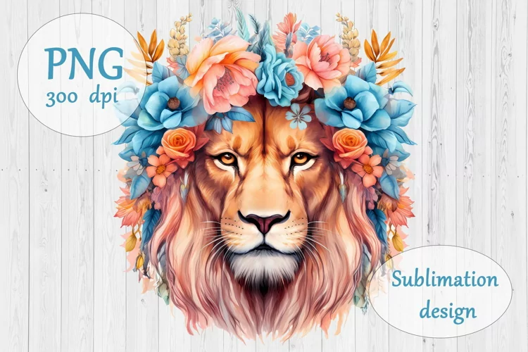 Watercolor Lion in Floral Wreath - Boho Sublimation Design