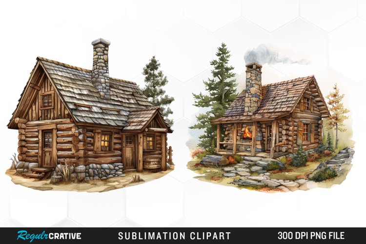 Watercolor Log Cabin PNG Set Clipart example image 1