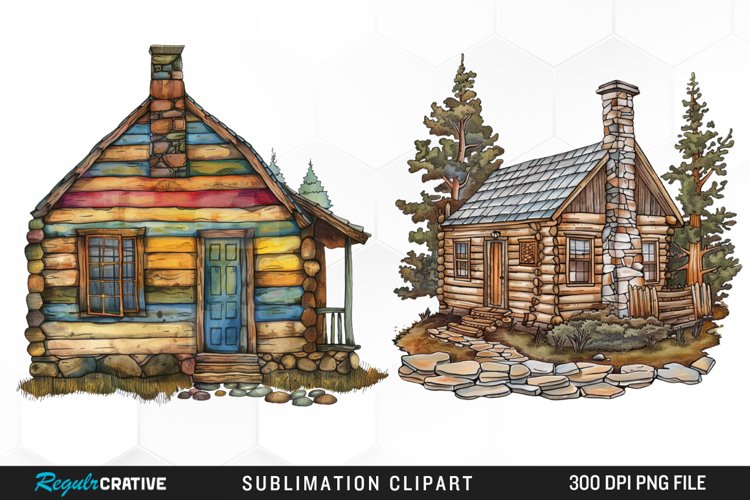 Watercolor Log Cabin PNG Set Clipart example image 1