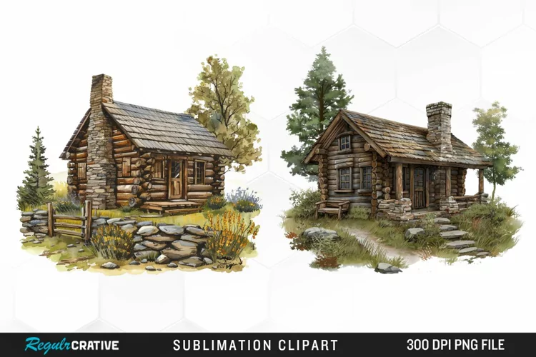 Watercolor Log Cabin Illustration PNG Clipart