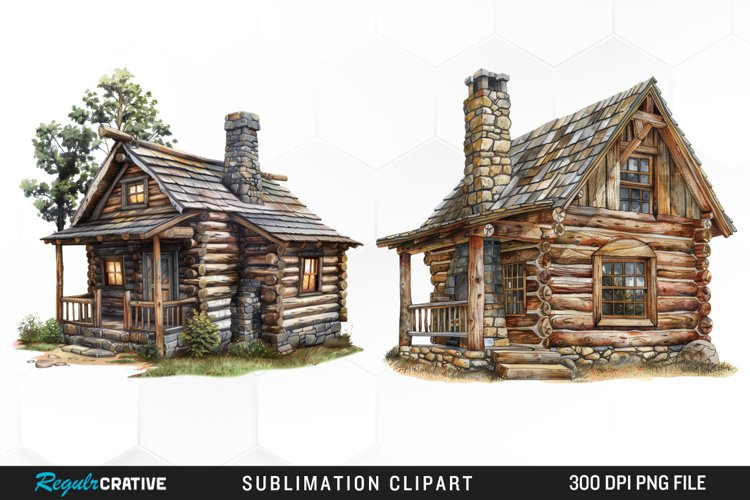 Watercolor Log Cabin PNG Set Clipart example image 1