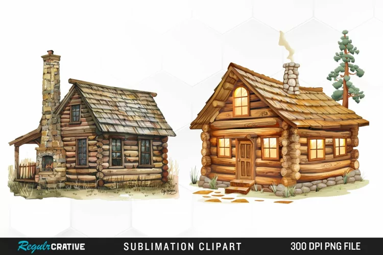 Watercolor Log Cabin Illustration PNG Clipart