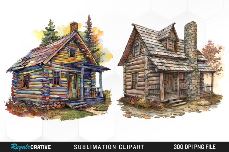 Watercolor Log Cabin PNG Set Clipart