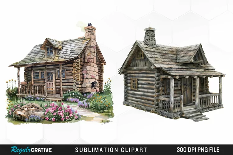 Watercolor Log Cabin Illustration PNG Clipart