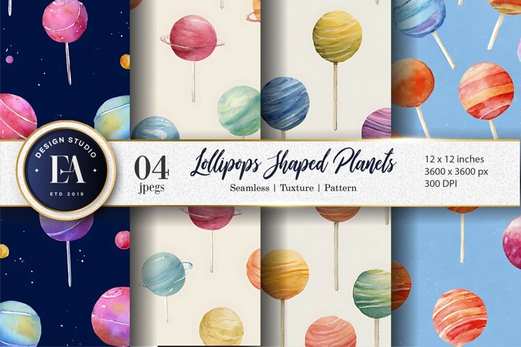 Watercolor Lollipops Shaped Like Planets Digital Paper example image 1