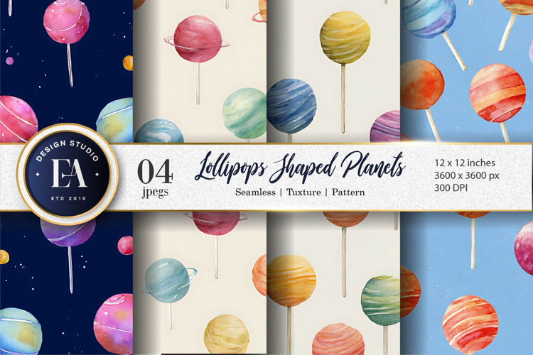 Watercolor Lollipops Shaped Like Planets Digital Paper