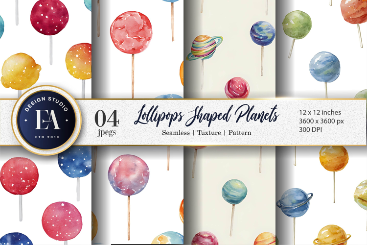 Watercolor Lollipops Shaped Like Planets Digital Paper