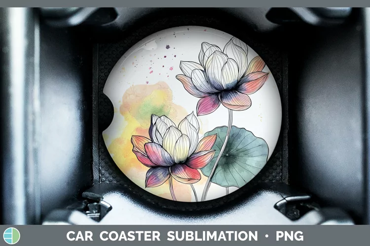 Watercolor Lotus Car Coaster Sublimation Designs