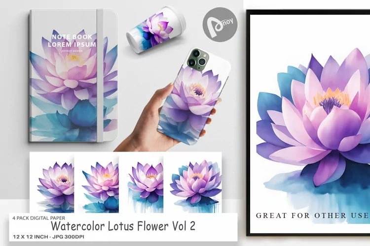 Digital Paper Watercolor Lotus Flower