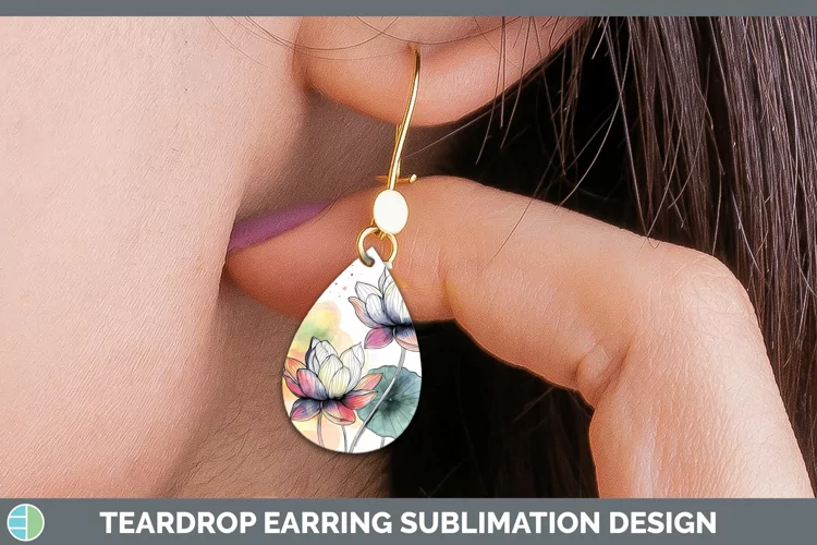 Watercolor Lotus Teardrop Earrings Sublimation Earrings Desi