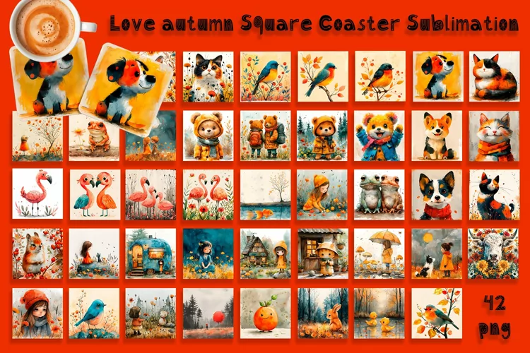 Watercolor Love Square Coaster Sublimation, autumn
