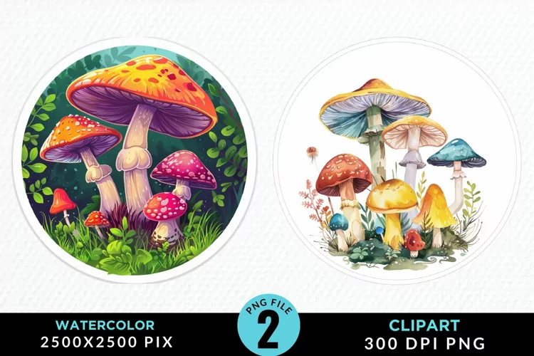 Watercolor Magic Mushrooms Graphics Clipart