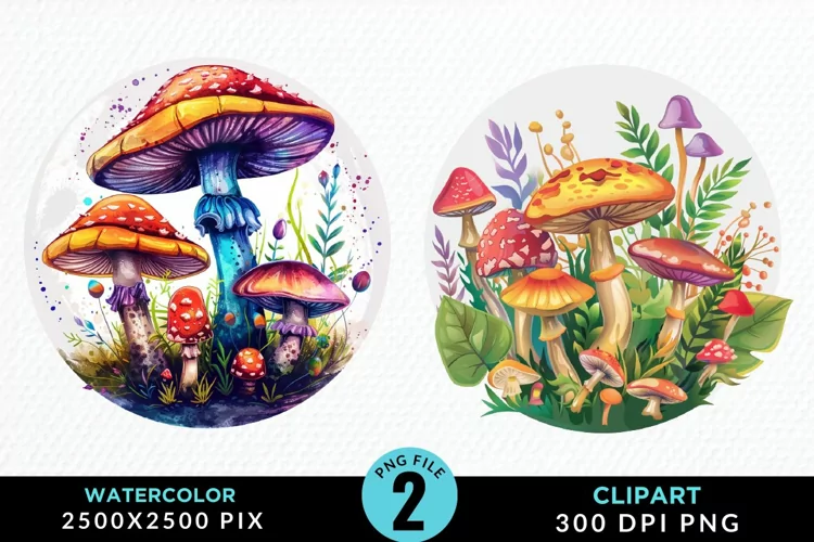 Watercolor Magic Mushrooms Graphics Clipart