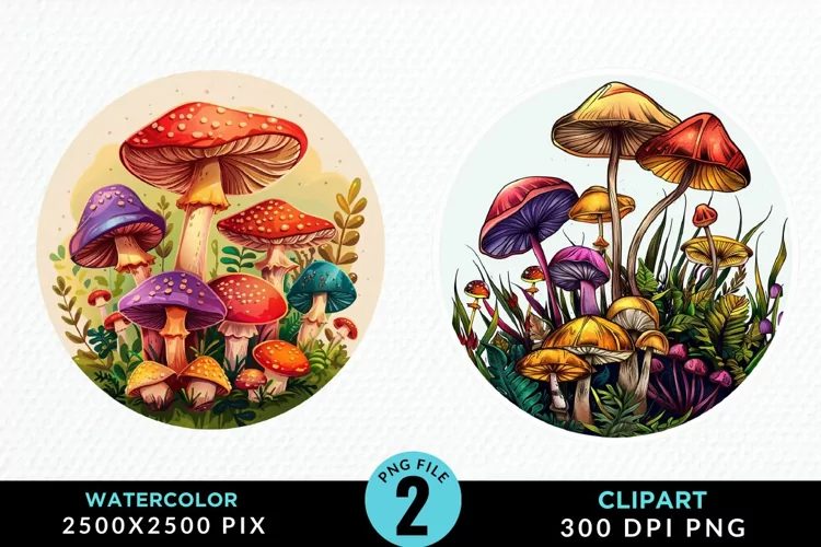 Watercolor Magic Mushrooms Graphics Clipart