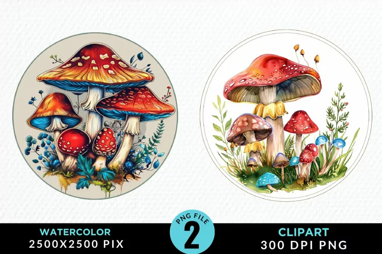 Watercolor Magic Mushrooms Graphics Clipart