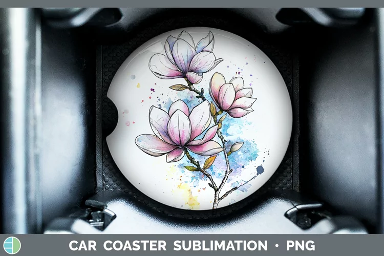 Watercolor Magnolia Car Coaster Sublimation Designs