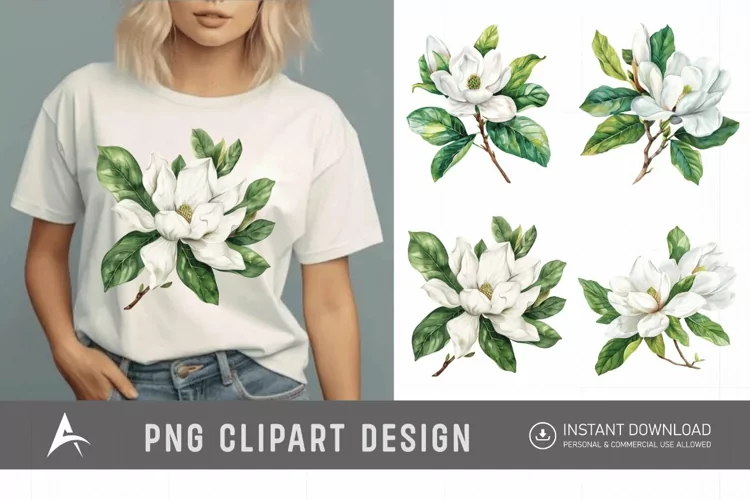 Watercolor Magnolia large white petals green leaves Clipart