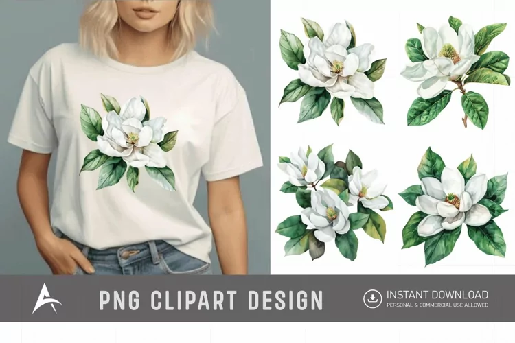 Watercolor Magnolia large white petals green leaves Clipart