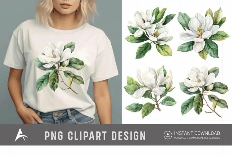 Watercolor Magnolia large white petals green leaves Clipart