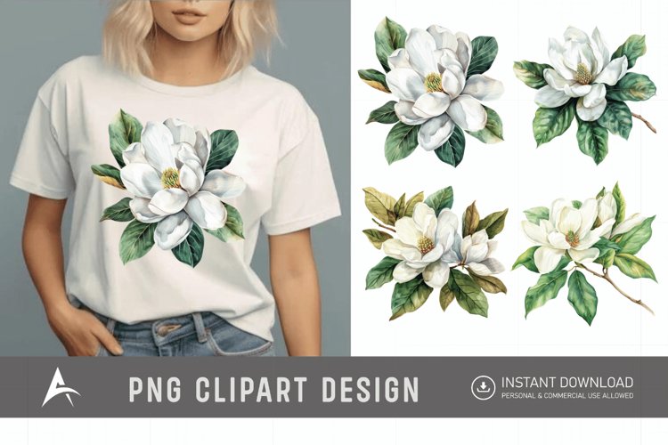 Watercolor Magnolia large white petals green leaves Clipart