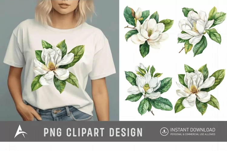 Watercolor Magnolia large white petals green leaves Clipart