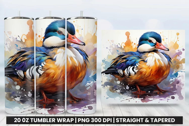 Watercolor Mandarin Duck Tumbler Wrap Sublimation Design PNG