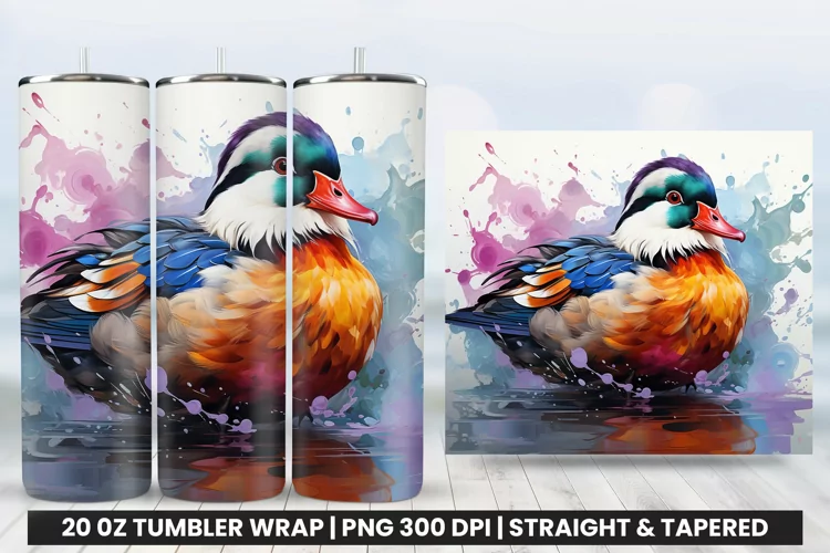 Watercolor Mandarin Duck Tumbler Wrap Sublimation Design PNG