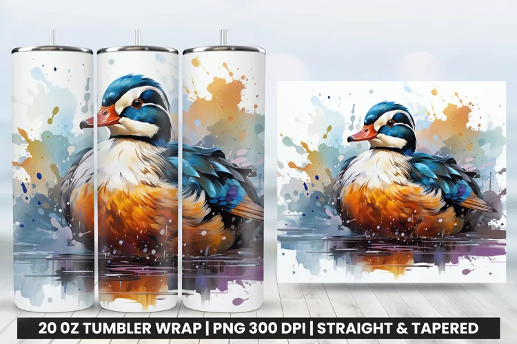 Watercolor Mandarin Duck Tumbler Wrap Sublimation Design PNG