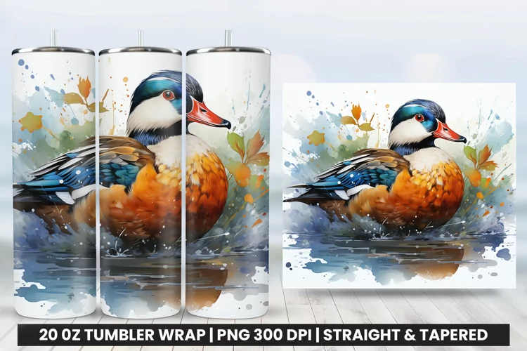 Watercolor Mandarin Duck Tumbler Wrap Sublimation Design PNG
