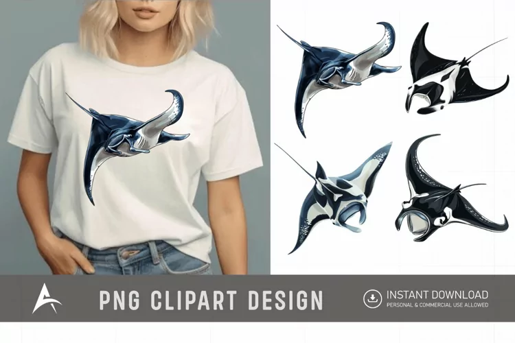 Watercolor Manta Ray Swimming Clipart